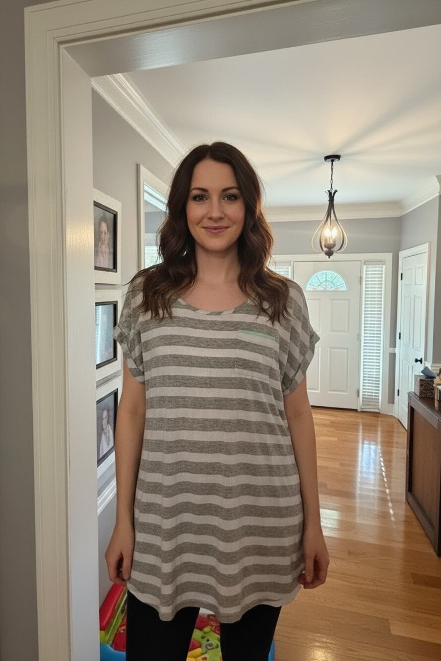 Sans Souci Women’s Gray White Striped Tunic Dress Mint Green Zipper Pocket